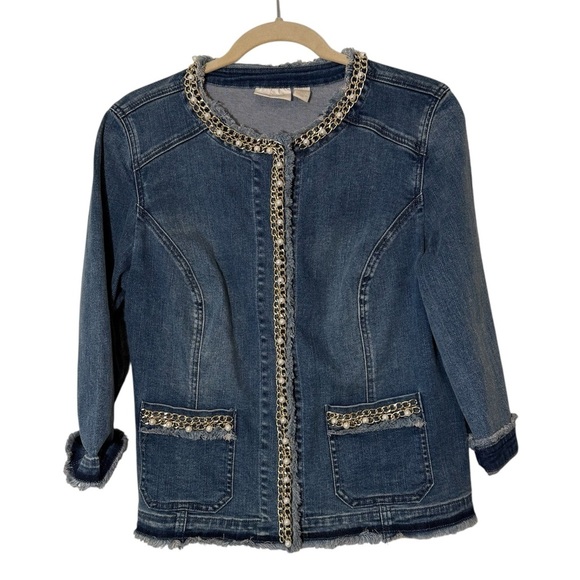 Chico’s Denim Jacket Balzer with Chain and Pearl Accent Details Size 1 Small - Picture 1 of 9